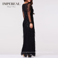 V Neckline Long Sleeve Maxi Sequin Lady Woven Singer Feather Evening Dress